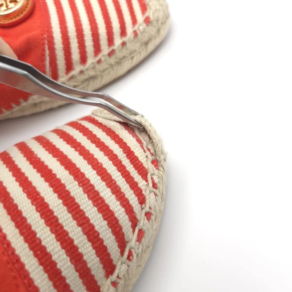 Tory Burch Striped Canvas Espadrilles‎ Red Cream Logo Round Toe Flat Shoes 8